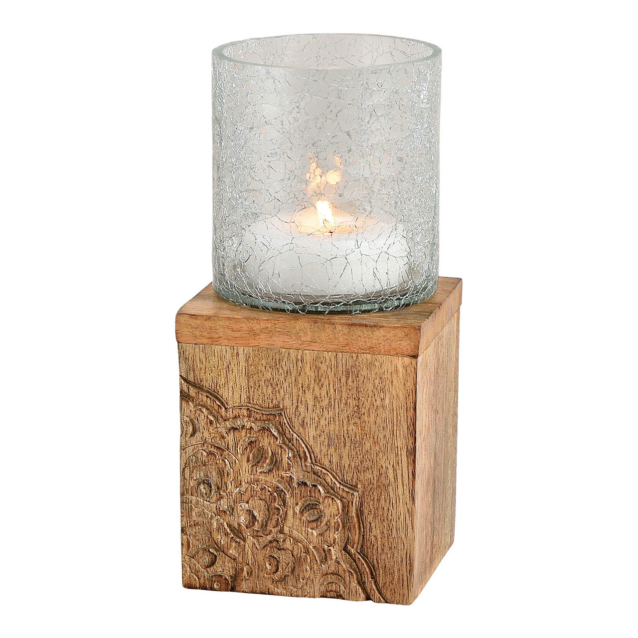 Luce del vento Cracking in vetro su supporto in legno di mango naturale (L/H/D) 9x20x9cm