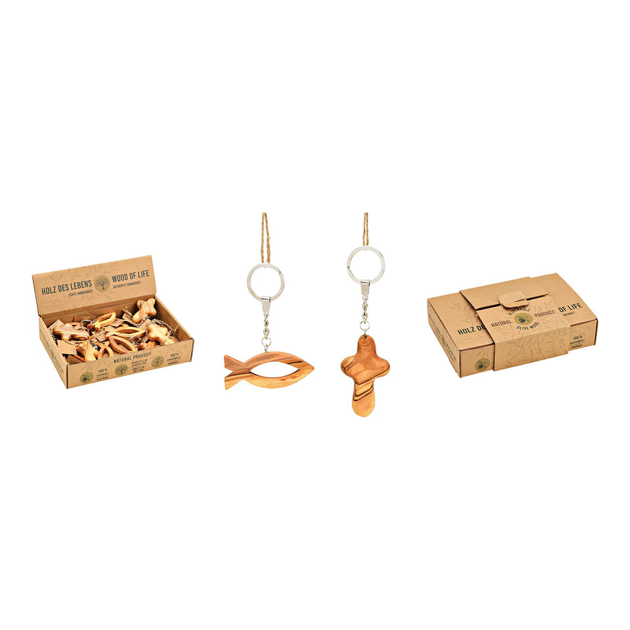 Schlüsselanhänger Fisch/Kreuz, 2-fach sortiert, handgefertigt aus Olivenholz, in Display Schlüsselanhänger Fisch/Kreuz, 2-fach sortiert, handgefertigt aus Olivenholz, in Display
