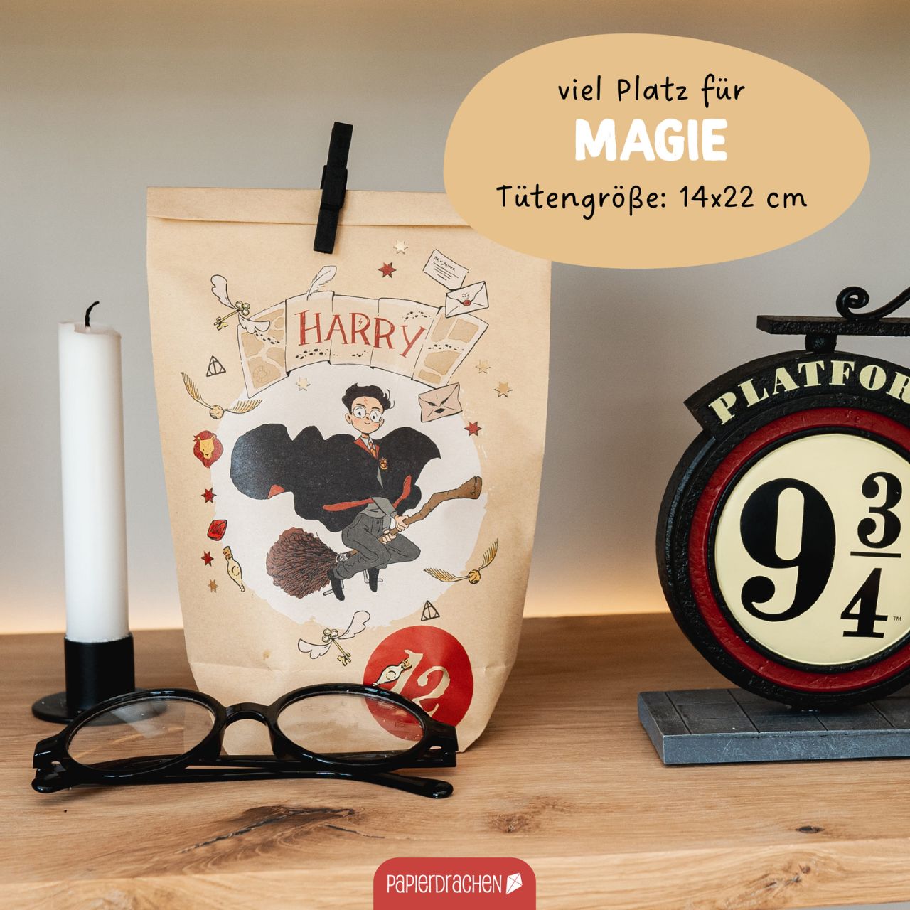 Sacchetti per calendario dell'Avvento – Carta da imballaggio Harry Potter in carta/cartoncino colorato, set da 24 pezzi (L/A/P) 19x22x1 cm Kaffeebeutel, Harry Potter Motiv, Papiertragetasche, Brille, Kleidungsloses Magie