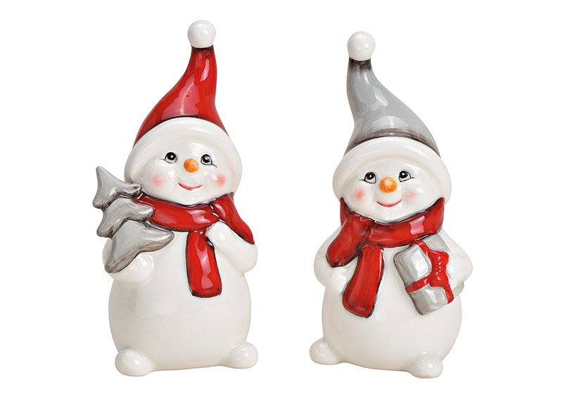 Keramiek sneeuwpop wit, rood, grijs 2-voudig, (w/h/d) 7x14x6cm