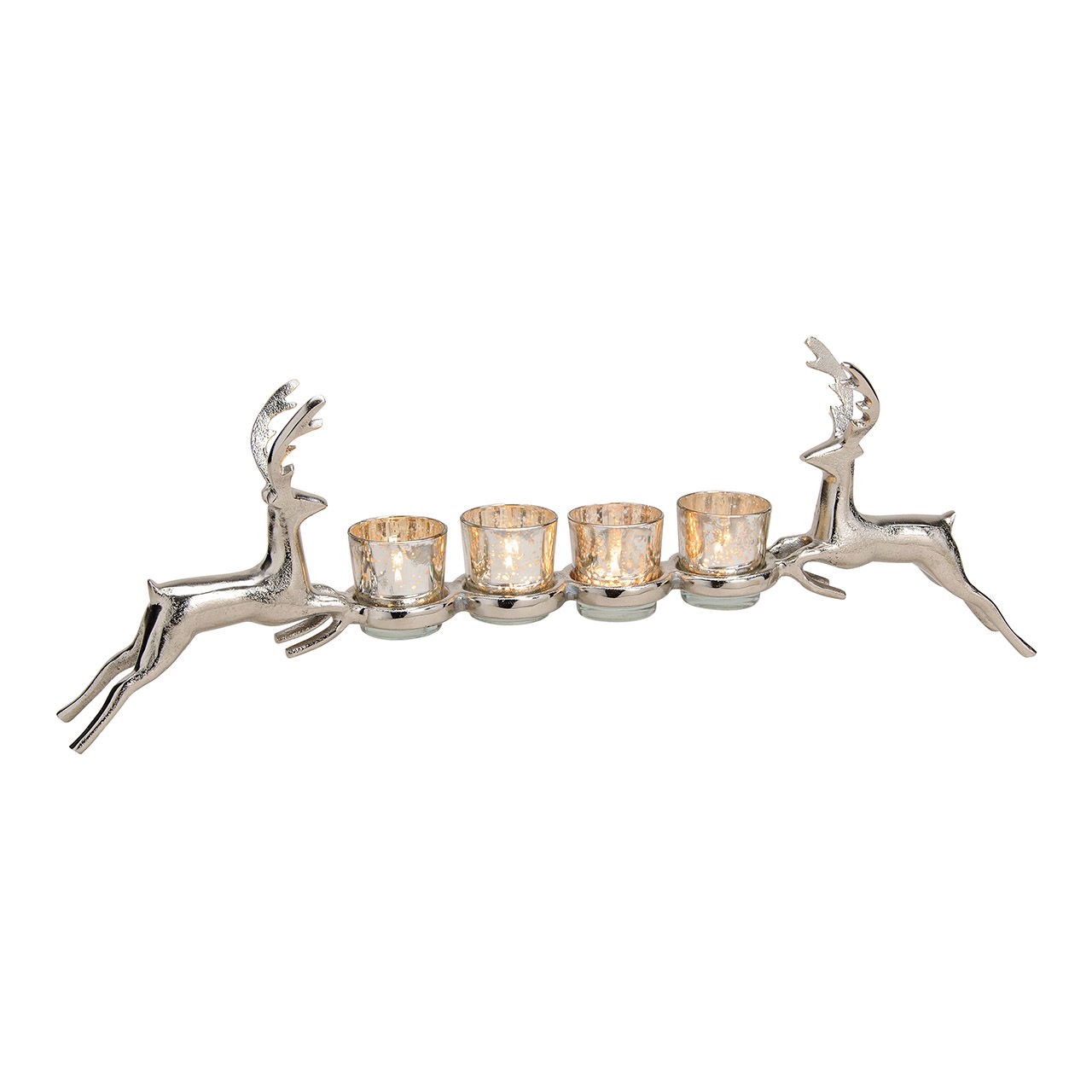 Bougeoir, arrangement de l'Avent cerf décoratif en métal avec 4 verres photophores argent (L/H/P) 57x21x9cm