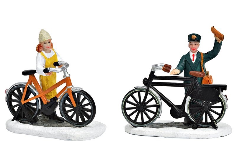 Figure in miniatura di postino in bicicletta, donna in polietilene colorato a 2 pieghe, (L/A/D) 8x8x4cm