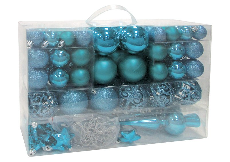 Juego de bolas de Navidad de plástico Turquesa Juego de 111, (c/h/d) 36x23x12cm Ø 3/4/6 cm