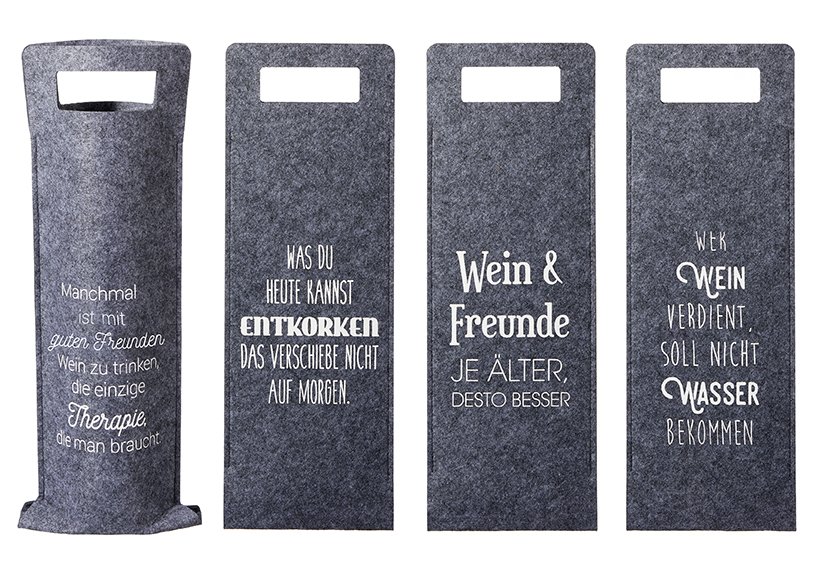 Bottle giftbag, felt, with slogan, wine motive, grey, felt, 4 asst.14x41cm