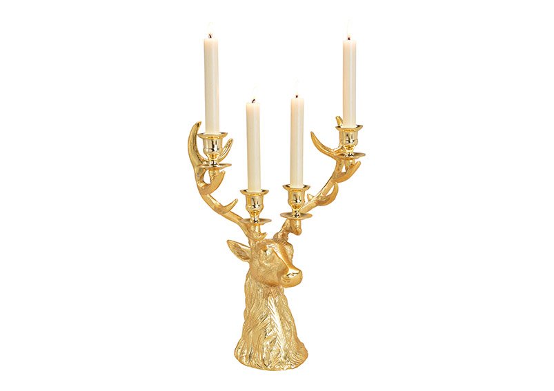 Portavelas cabeza de ciervo para 4 velas de metal dorado (A/H/D) 30x40x18cm