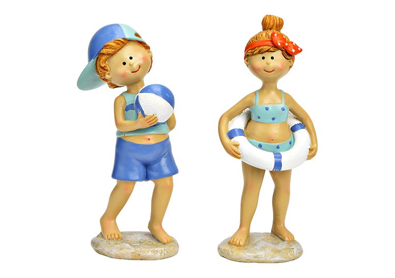 Girl, boy with swimming ring and water ball from poly blue 2-fold, (W/H/D) 6x14x4cm