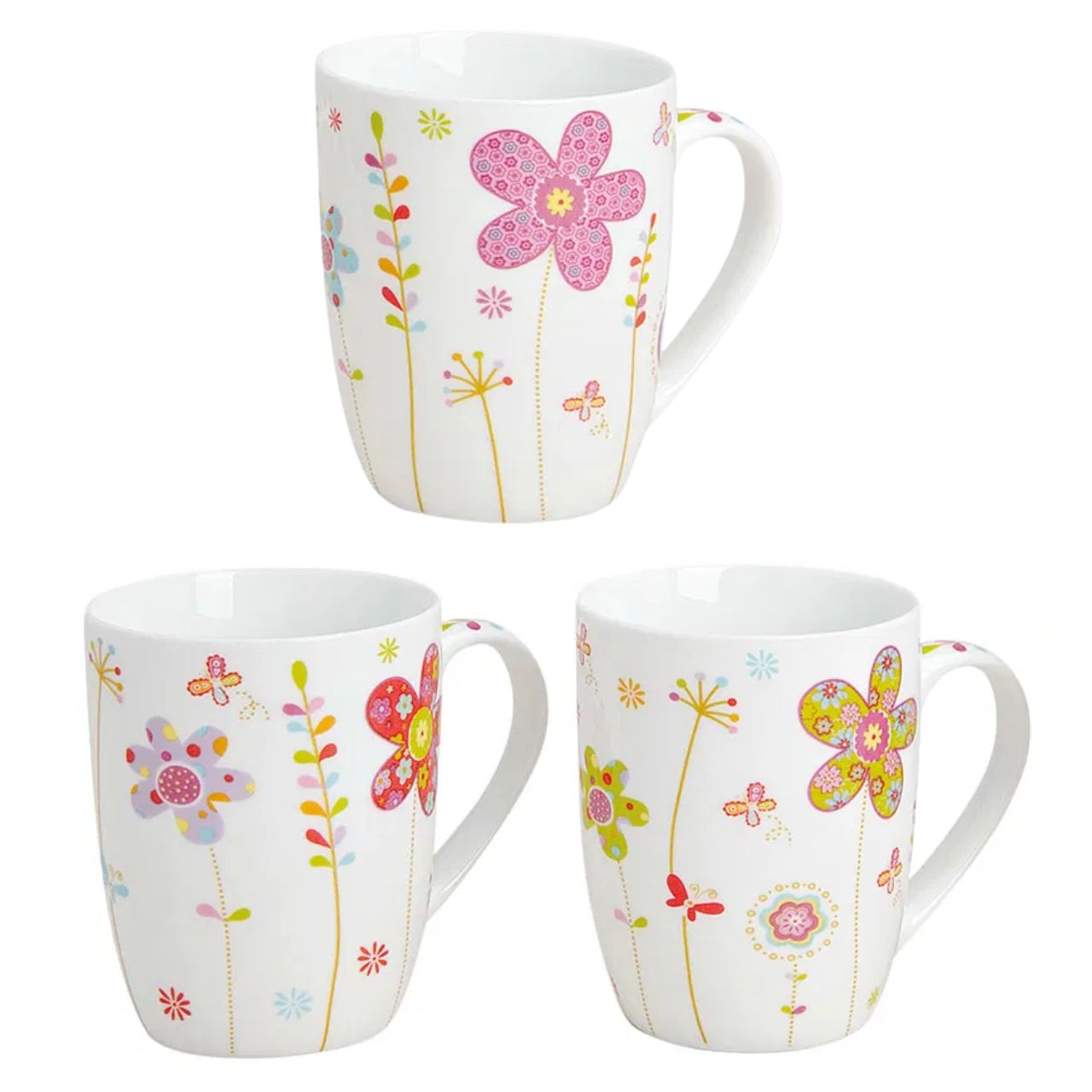 Becher Blumendekor aus Porzellan, 3-fach sortiert, 10 cm, 300 ml Tasse, Kaffeetasse, Porzellan, Blumenmuster, Mehrfarbig