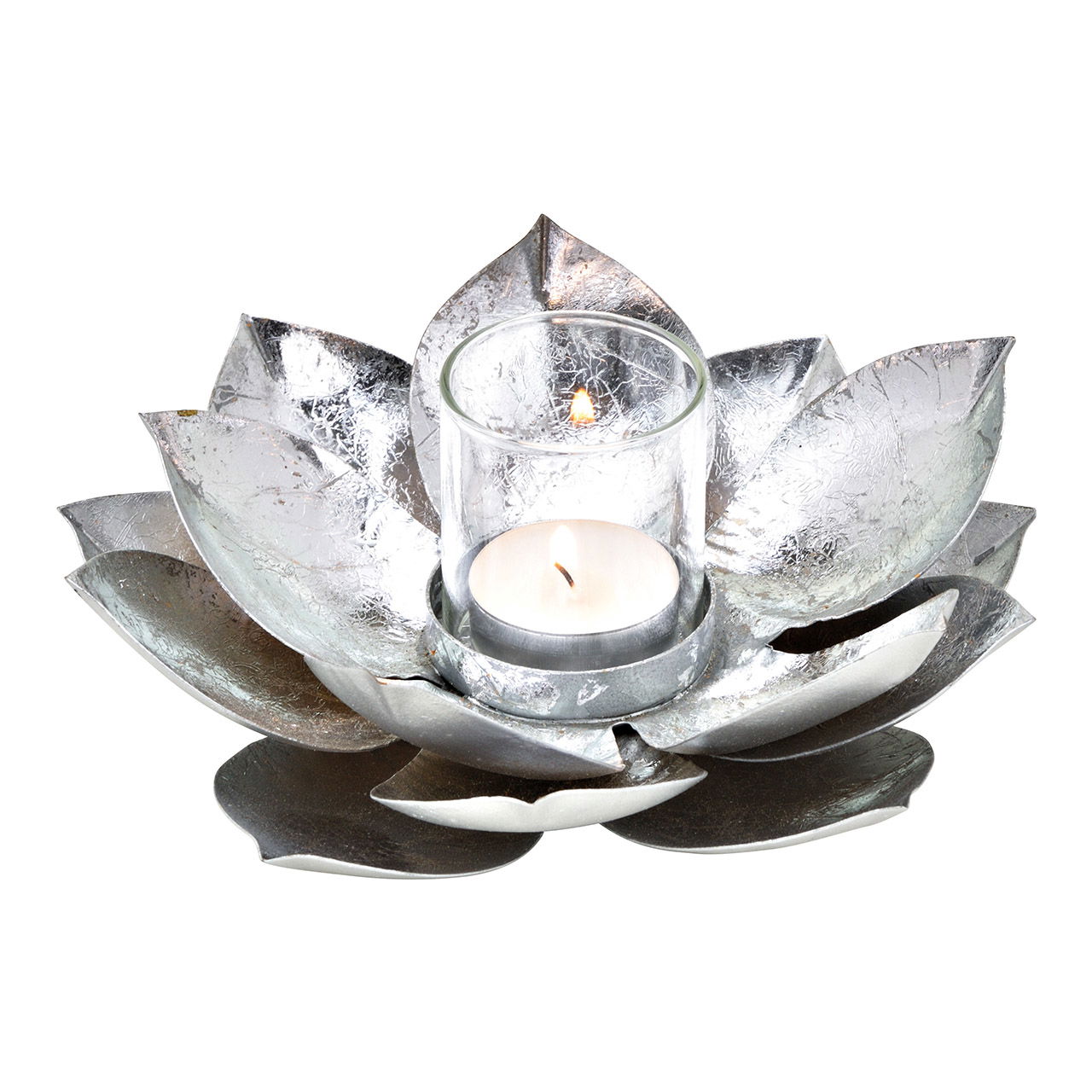 Windlicht Lotus aus Metall/Glas Silber (B/H/T) 18x8x18cm