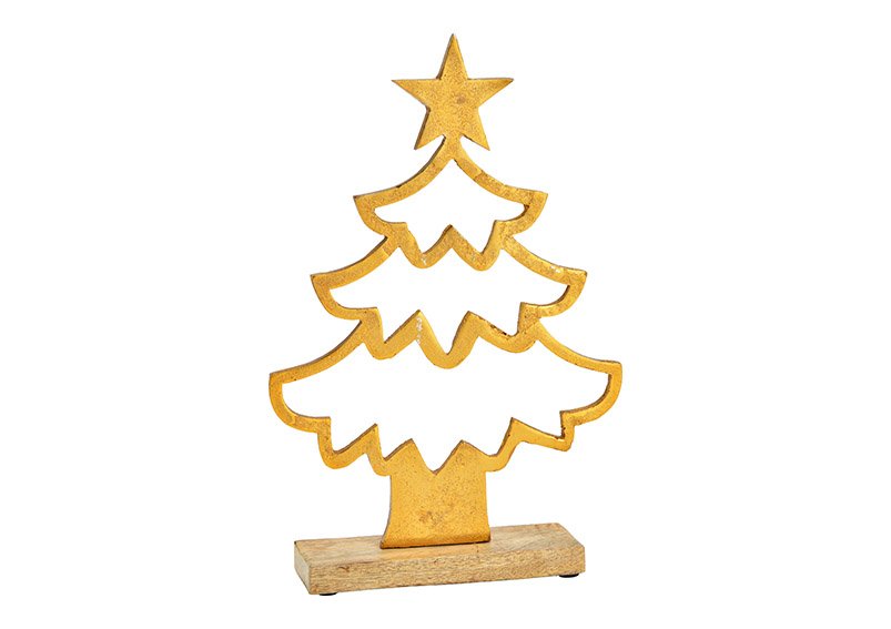 Kerstboom op mango houten voet, goud (w/h/d) 21x31x5cm