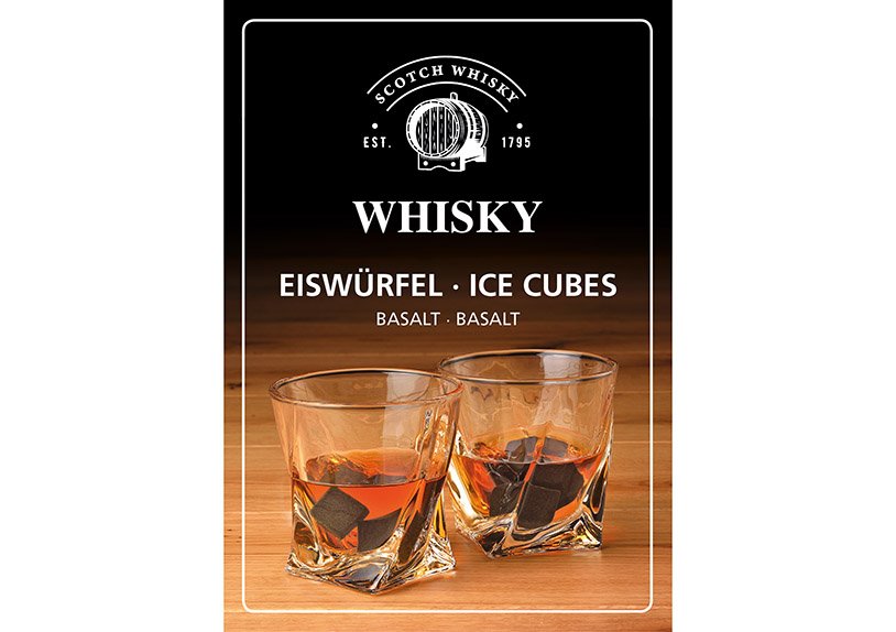 Whisky Stein Set, Eiswüfel aus Basalt Stein, 2cm, 8 Würfel mit 4 Gläser 9x8x9cm 300ml, 26,6x11,5x23,6cm