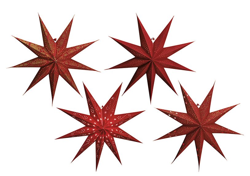Lichtgevende papieren ster in rood met 9 punten, 4 assorti, 60 cm