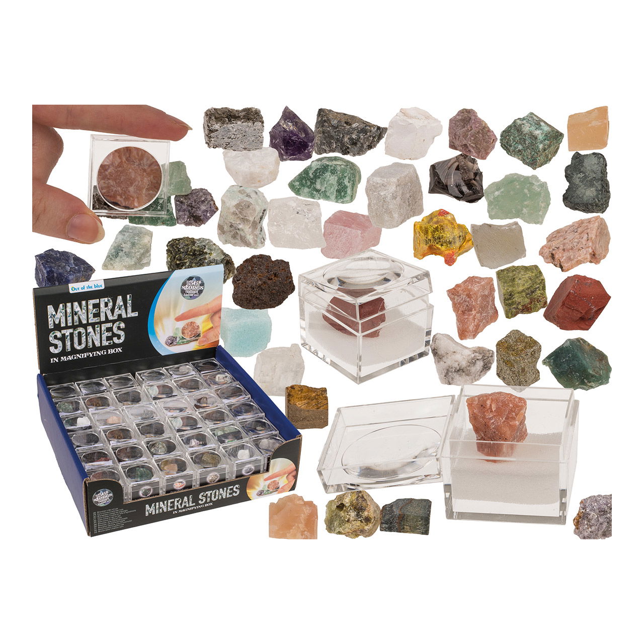 Mineraal stenen, in plastic doosje, met vergrootglas van natuurlijk materiaal gekleurd 36-voudig, (H) 2cm