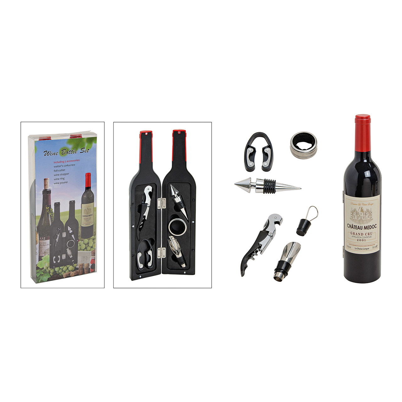 Geschenkset 6er Flasche aus Kunststoff, Weinzubehör 6-teilig, (H) 32 cm x 7 cm Ø Korkenzieher, Flolienschneider, Wein-Stopper, -Ring, -Ausgießer, -Verschluss Geschenkset 6er Flasche aus Kunststoff, Weinzubehör 6-teilig, (H) 32 cm x 7 cm Ø Korkenzieher, Flolienschneider, Wein-Stopper, -Ring, -Ausgießer, -Verschluss