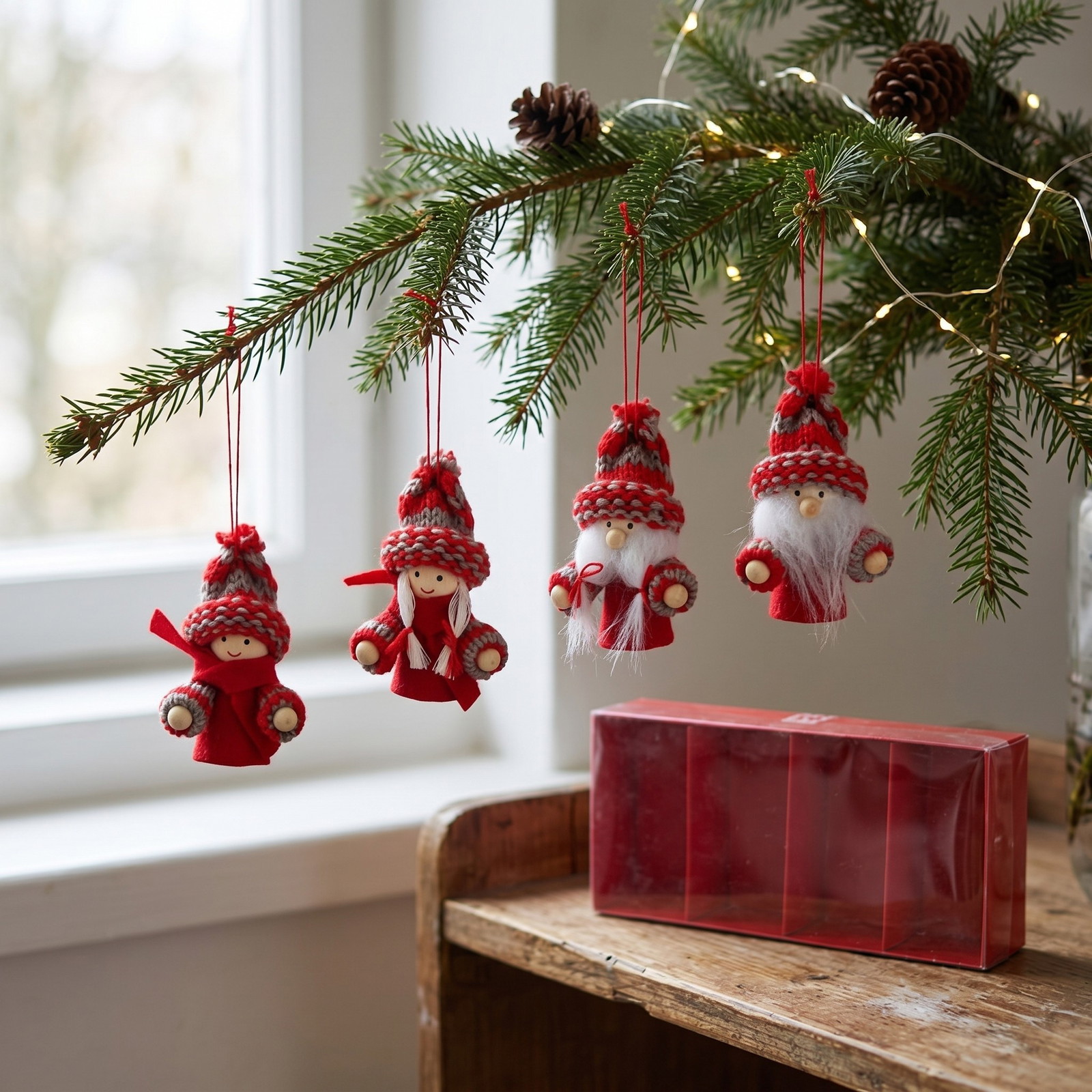 Christmas hanger elf winter child made of wood/textile, set of 4, red/white (W/H/D) 5x8x3cm/18x3x8cm | 10033327