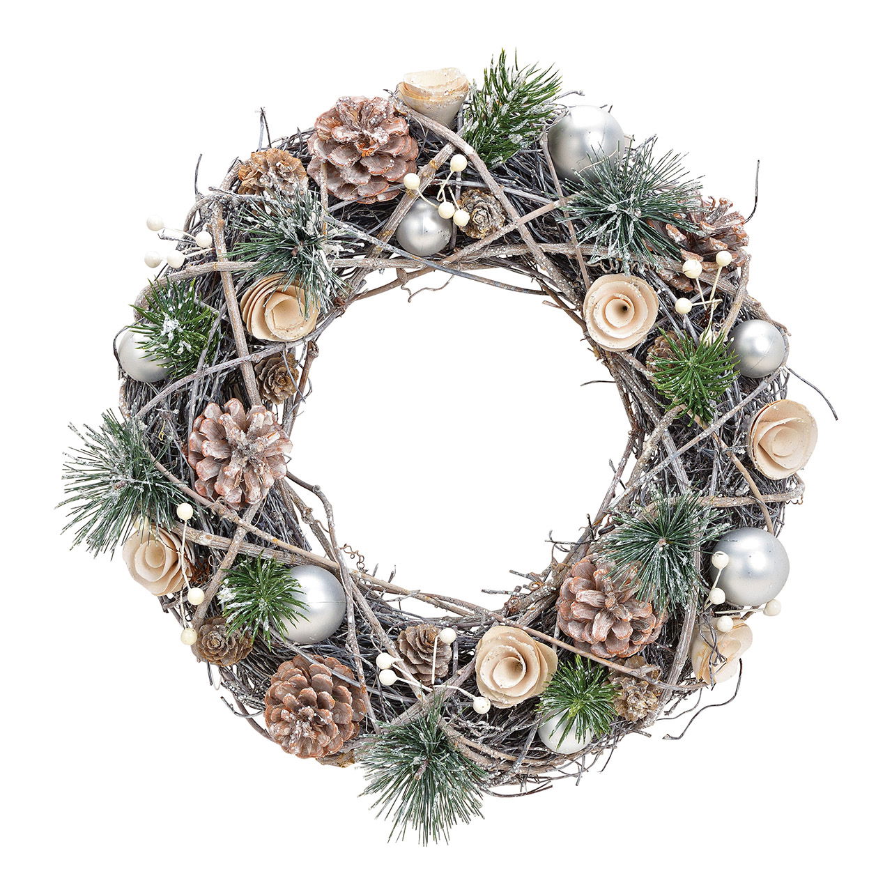 Christmas wreath made of wood, plastic white, silver (W/H/D) 34x34x9cm