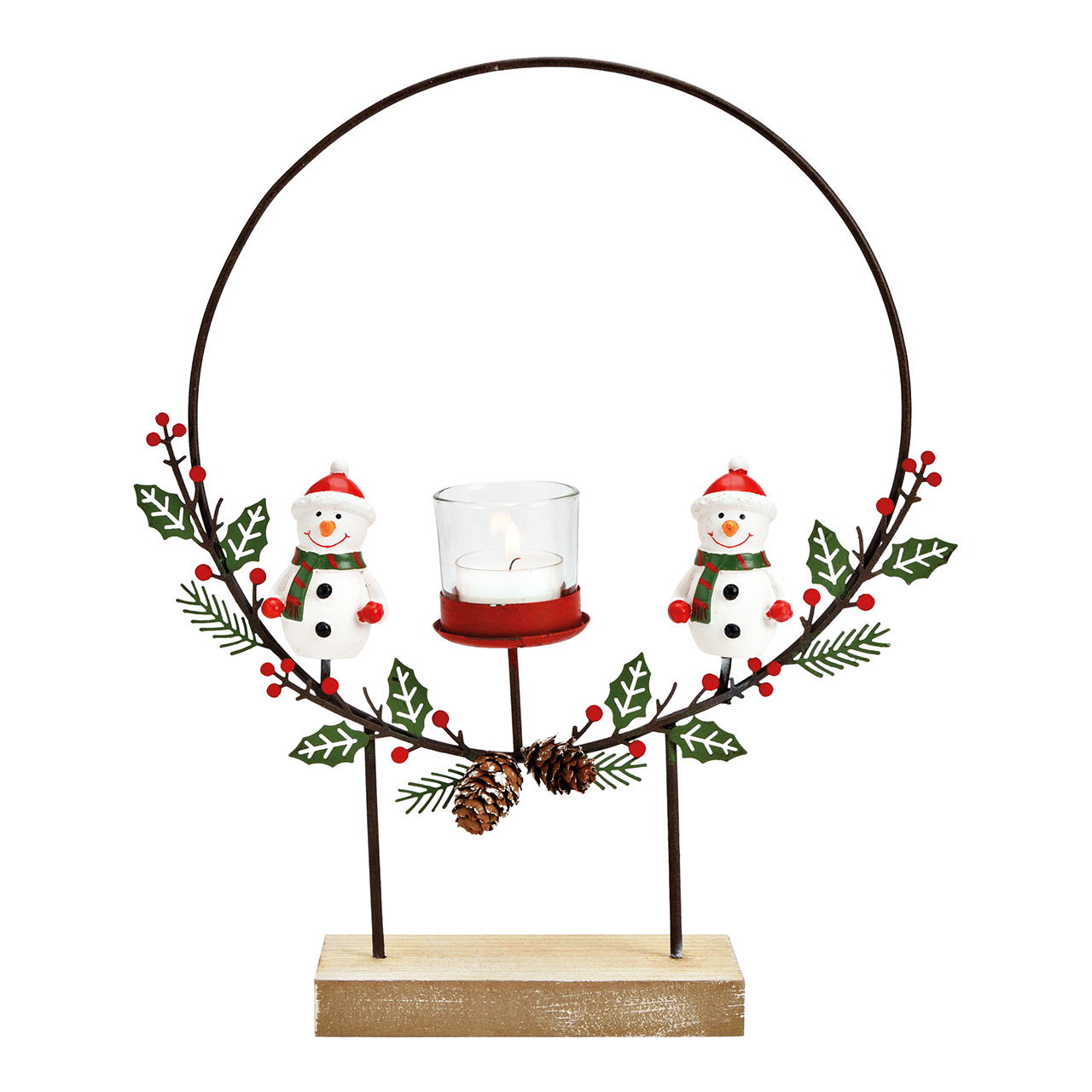 Bougeoir, décor bonhomme de neige, en bois/métal/verre rouge (L/H/P) 30x34x7cm Bougeoir, décor bonhomme de neige, en bois/métal/verre rouge (L/H/P) 30x34x7cm
