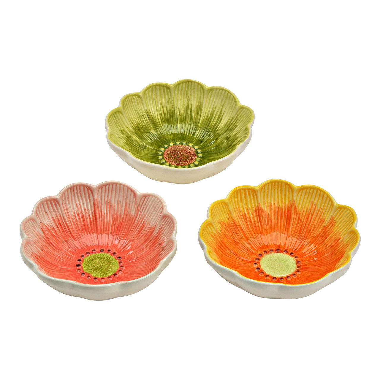Bloemenschaal keramiek, drievoudig, groen/geel/rood (B/H/D) 17x6x17cm Schale, Suppenschüssel, Teller, Töpferei, Mahlzeit