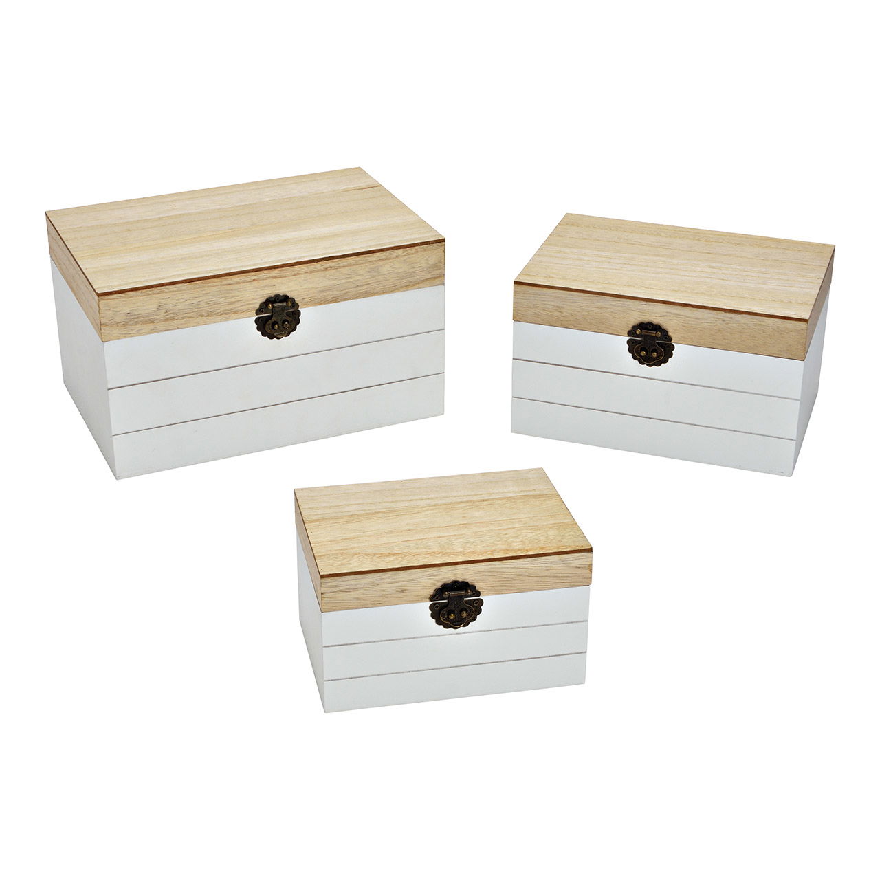 Set de 3 boîtes de rangement, en bois beige, blanc (L/H/P) 30x20x17cm, 25x18x15cm, 20x15x12cm