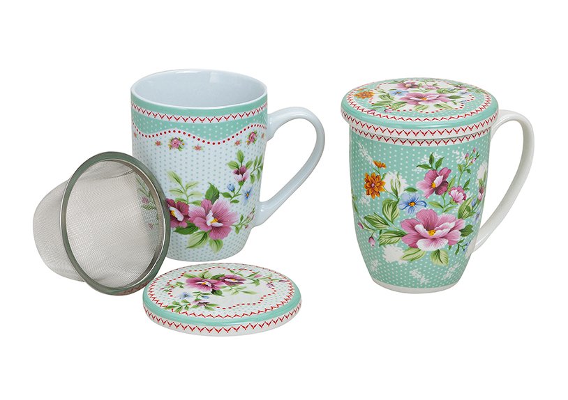 Tazza da tè in porcellana con coperchio e colino, 2 assortiti, 11 cm, 300 ml