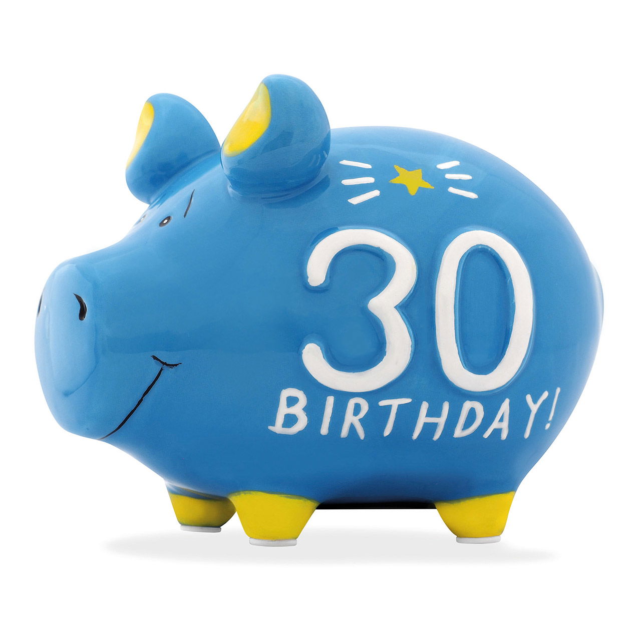 KCG "30 Birthday!" ceramic piggy bank, blue/white/yellow (W/H/D) 12.5x9x9cm Small piggy bank KCG "30 Birthday!" ceramic piggy bank, blue/white/yellow (W/H/D) 12.5x9x9cm Small piggy bank