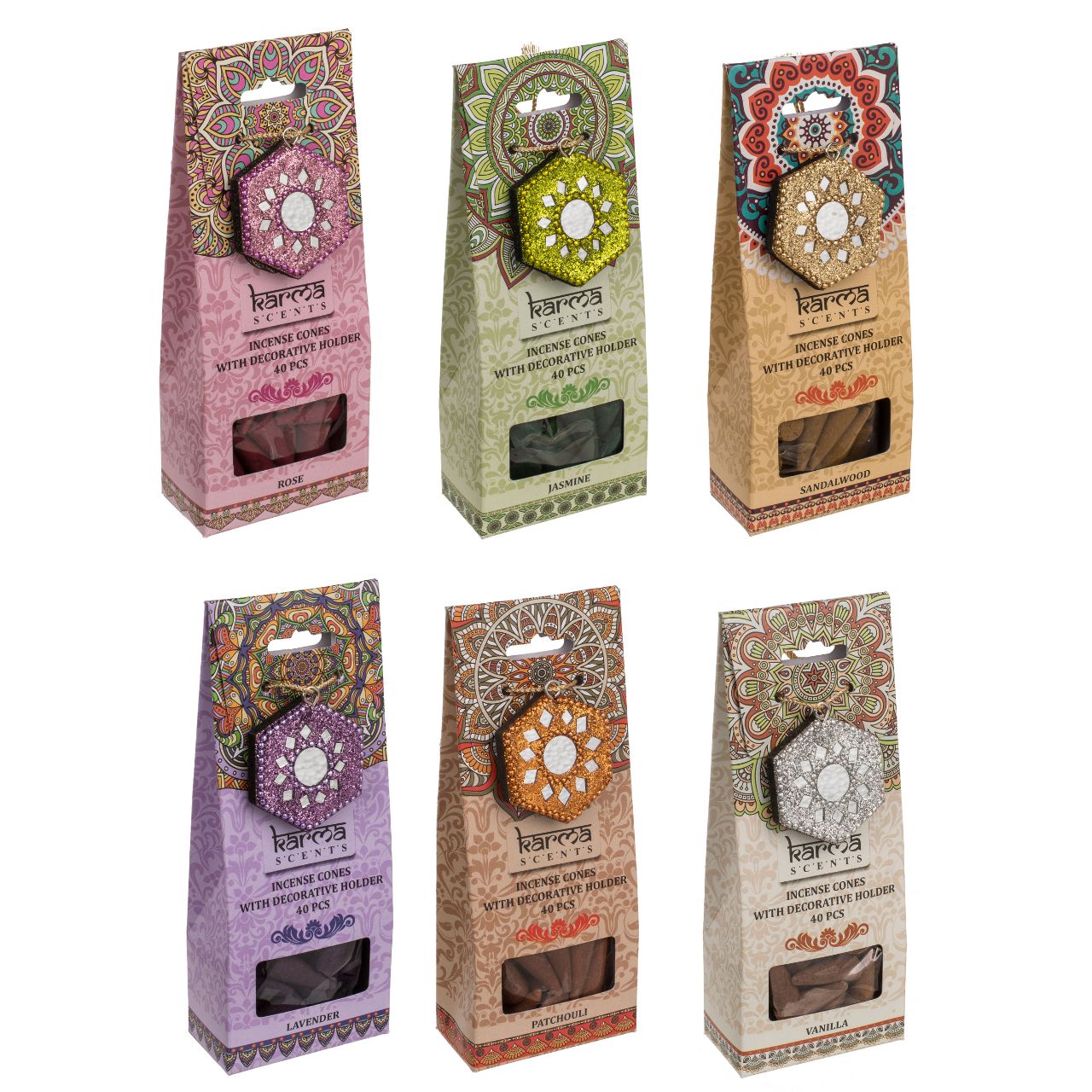 incense cones, decorative holder, set of 40, verschiedene Farben, Mandala Muster