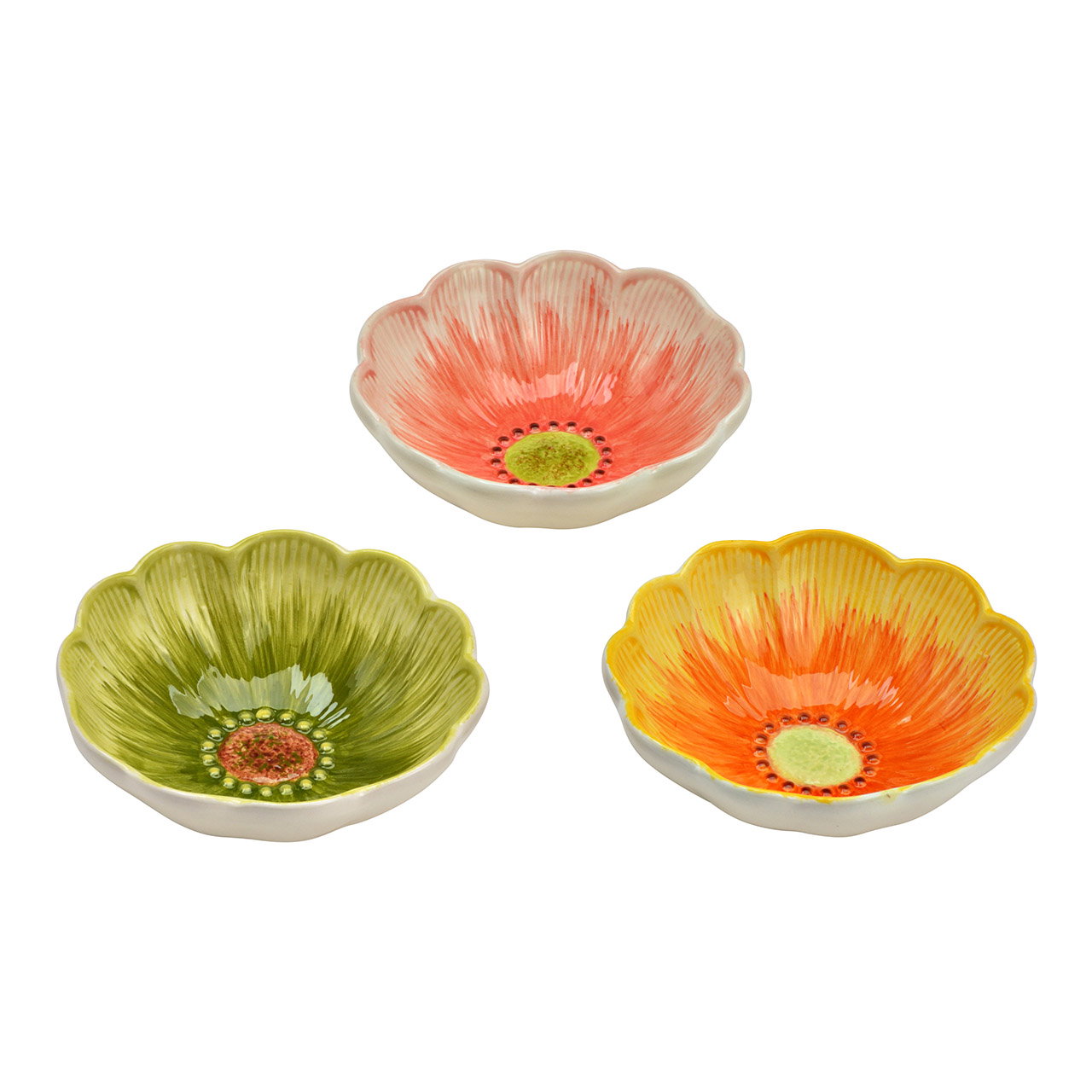 Florero de cerámica, triple, verde/amarillo/rojo (A/A/P) 14x4x14cm Porzellan-Schale, Blumen-Schale, Keramik-Handarbeit, bunte Schale, Blütenform