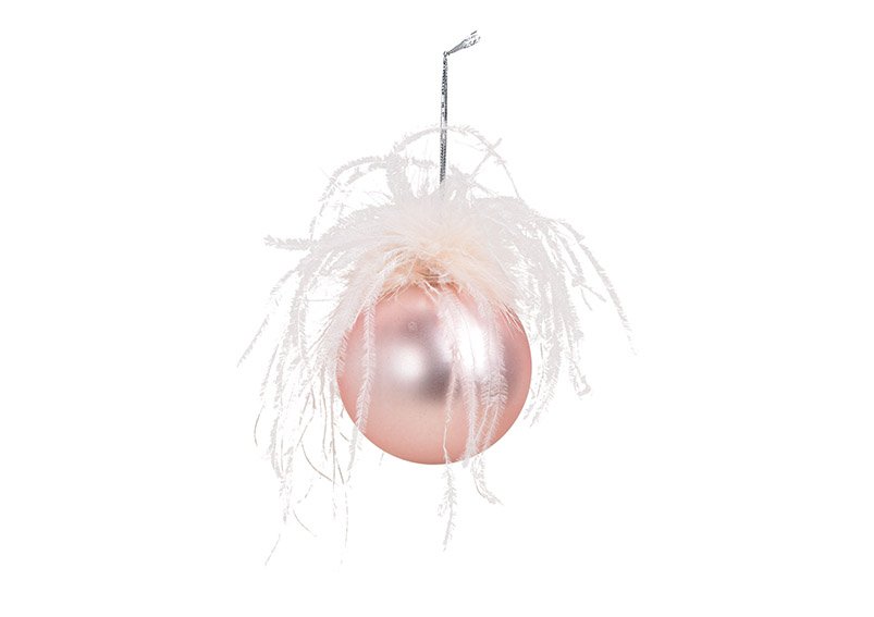 Xmas ball with feather decor, glass, pink, 8x8x8cm