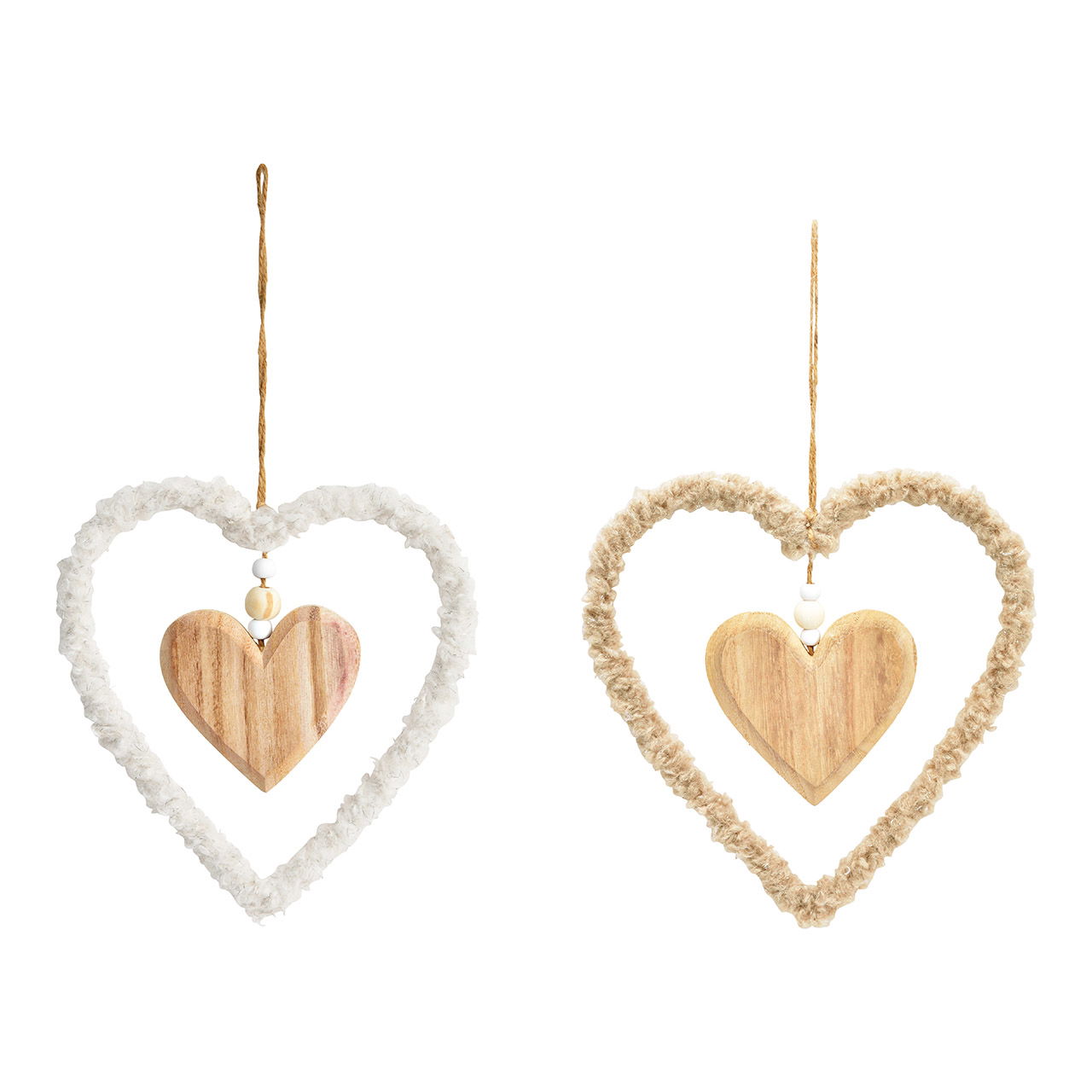 Hanger heart made of wood/metal/textile, 2-fold, brown/white (W/H/D) 23x23x1cm