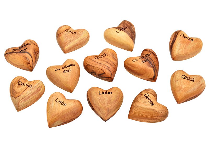 Cœur avec inscription en bois d'olivier brun 4 fois, (L/H/P) 4x2x4cm