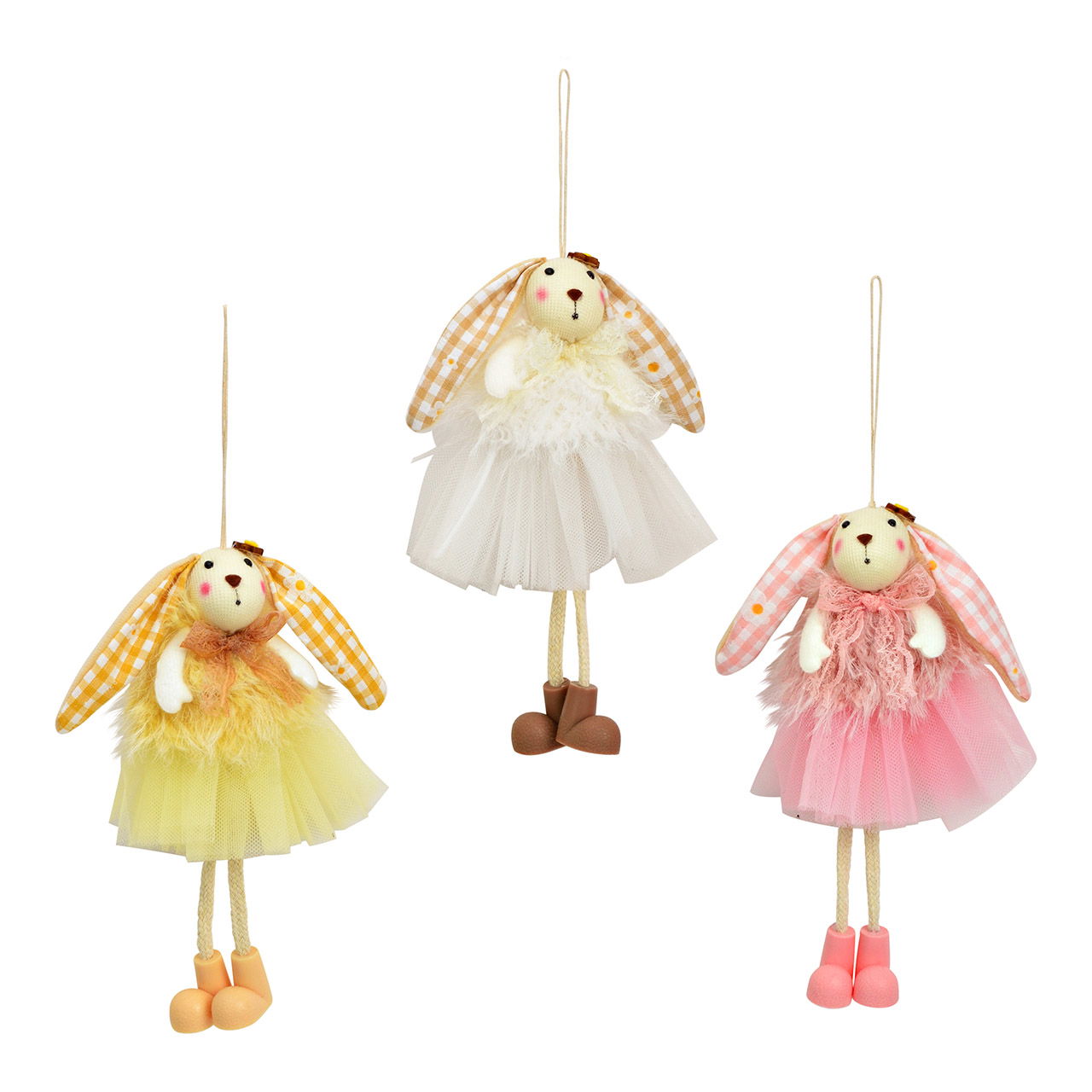 Suspension lapin en textile, triple, jaune/blanc/rose (L/H/P) 10x17x4cm