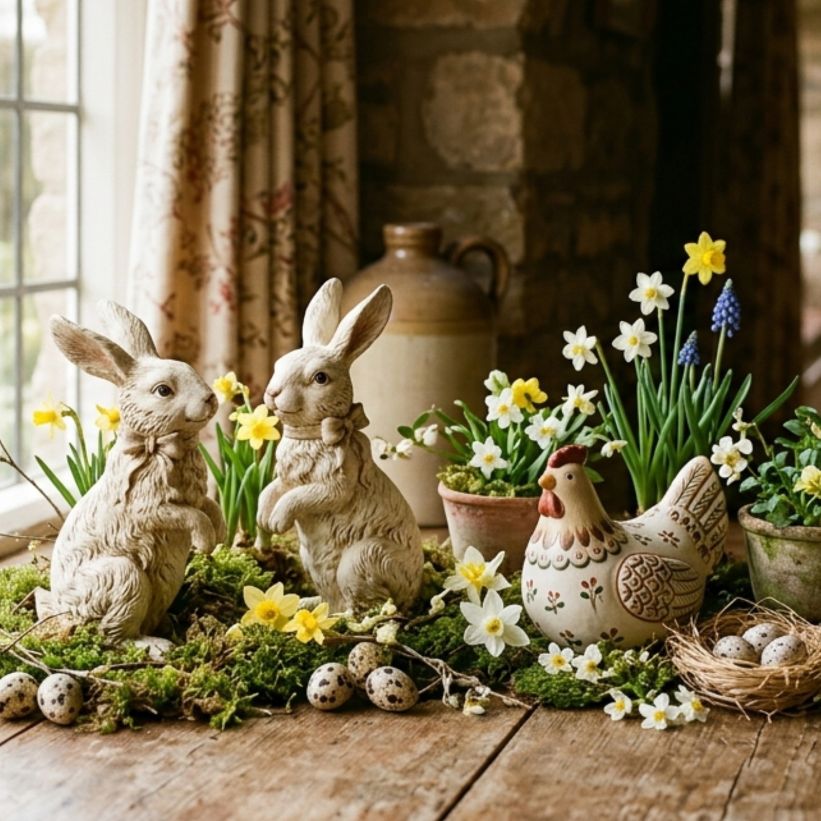 Osterdeko, Hasenfiguren, Kükenfigur, BlumenTopf, Vogelstatue