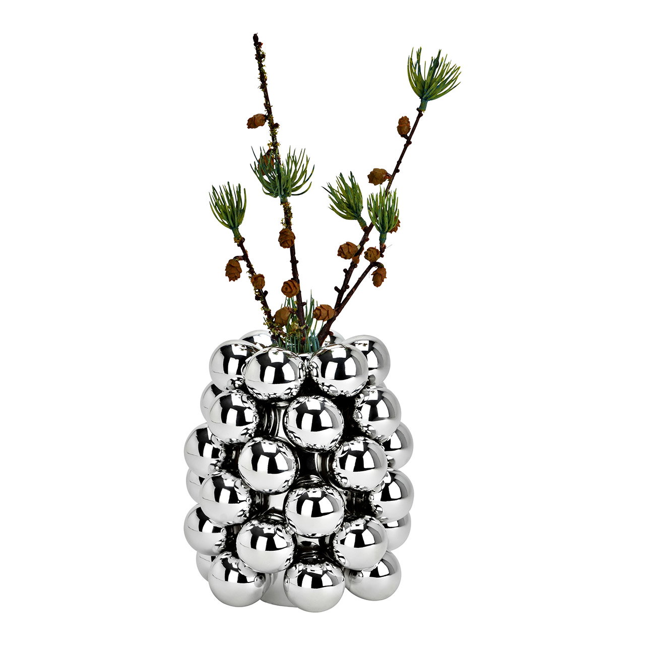 Deko-Vase, Silber, Kugeln, Kiefernzweige, Vasen-Skulptur