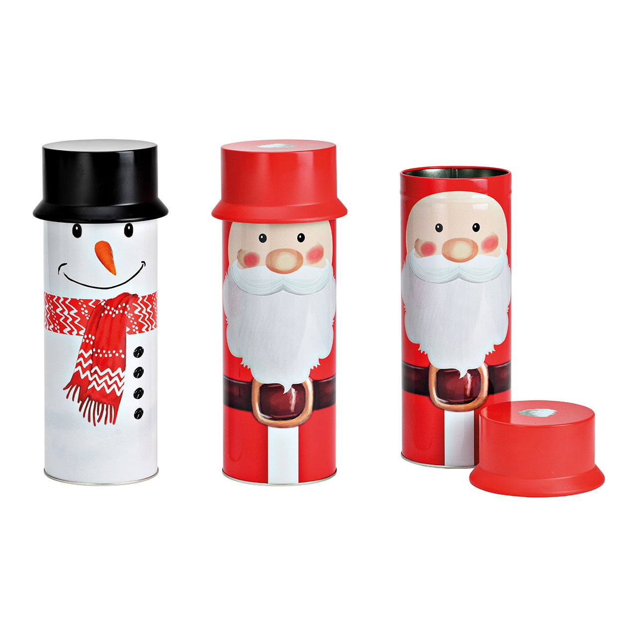 Dose Nikolaus, Schneemann Dekor aus Metall rot, weiß 2-fach, (B/H/T) 10x25x10cm Dose Nikolaus, Schneemann Dekor aus Metall rot, weiß 2-fach, (B/H/T) 10x25x10cm