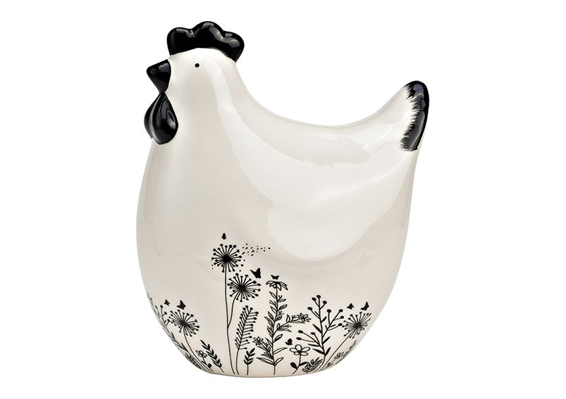 Gallina con decoración de prado de flores de cerámica negra, blanca (A/A/P) 13x16x9cm