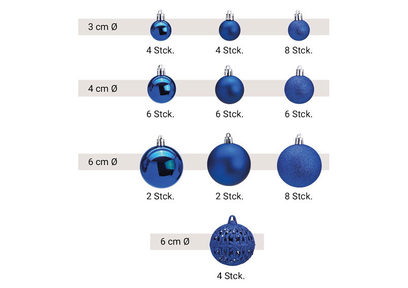 Weihnachtskugeln aus Kunststoff, 100er-Set, Blau Ø3/4/6cm (B/H/T) 35x23x12cm Zubehor, Ohrring, Schmuck, Edelstein