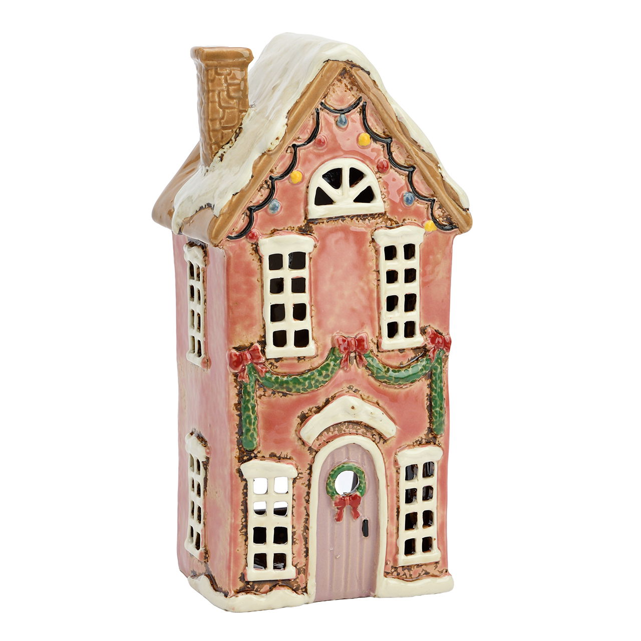 Windlicht Haus mit Schleife aus Steingut Pink/Rosa (B/H/T) 12x23x8cm Essen, Süßigkeiten, Plätzchen