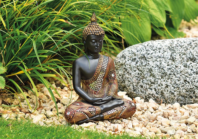 Buddha in schwarz/gold aus Poly, B21 x T12 x H27 cm