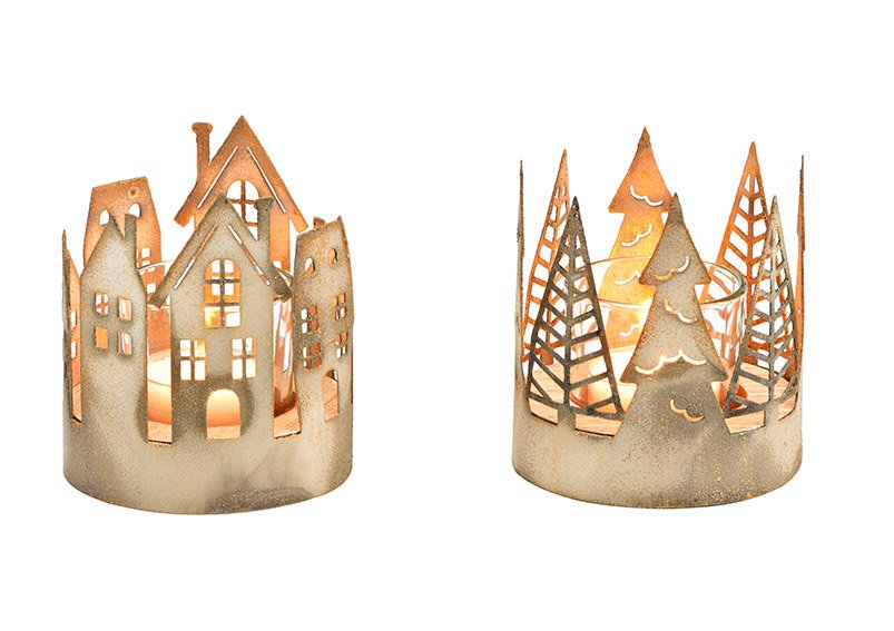 Windlicht Häuser, Tannenbaum Dekor aus Metall, Holz, Glas champagner 2-fach, (B/H/T) 8x9x8cm