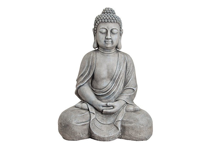 Buda de color gris, aspecto de piedra, poliresina, anchura 49 x profundidad 34 x altura 71 cm