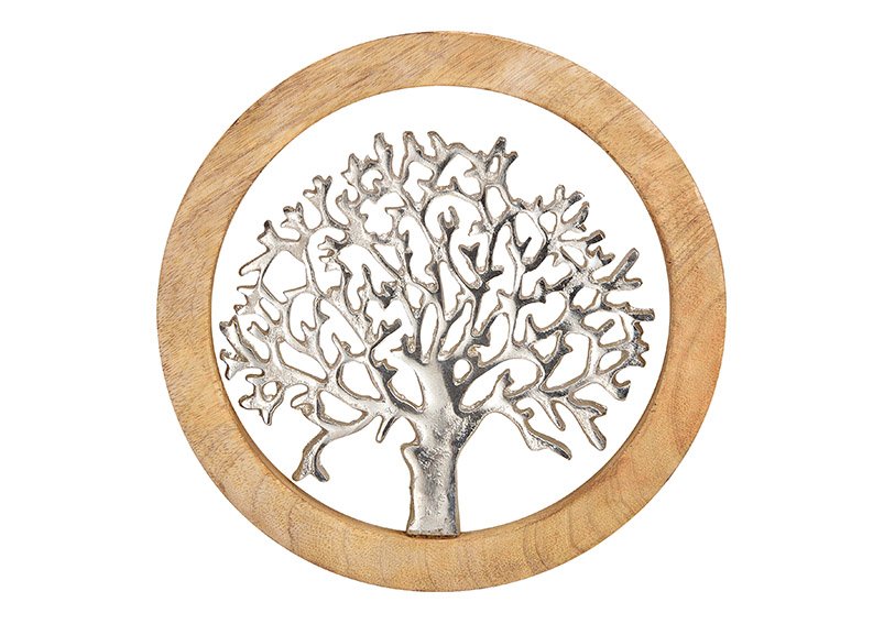 Percha de pared árbol de metal en madera de mango círculo de plata, marrón (W/H/D) 25x25x2cm