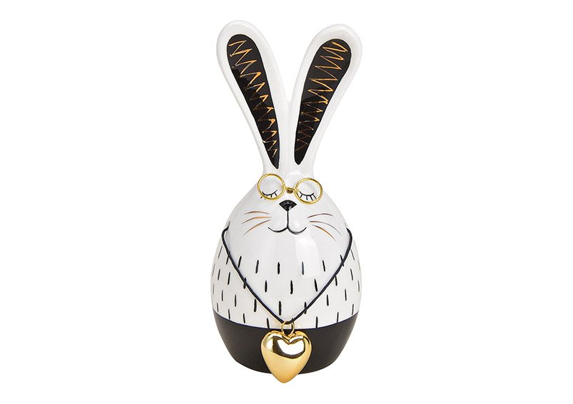 Conejo con gafas, colgante de corazón, cerámica blanca, negra (c/h/d) 6x15x6cm