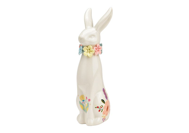 Conejo de porcelana blanca con decoración de flores de colores (A/A/P) 7x23x7cm