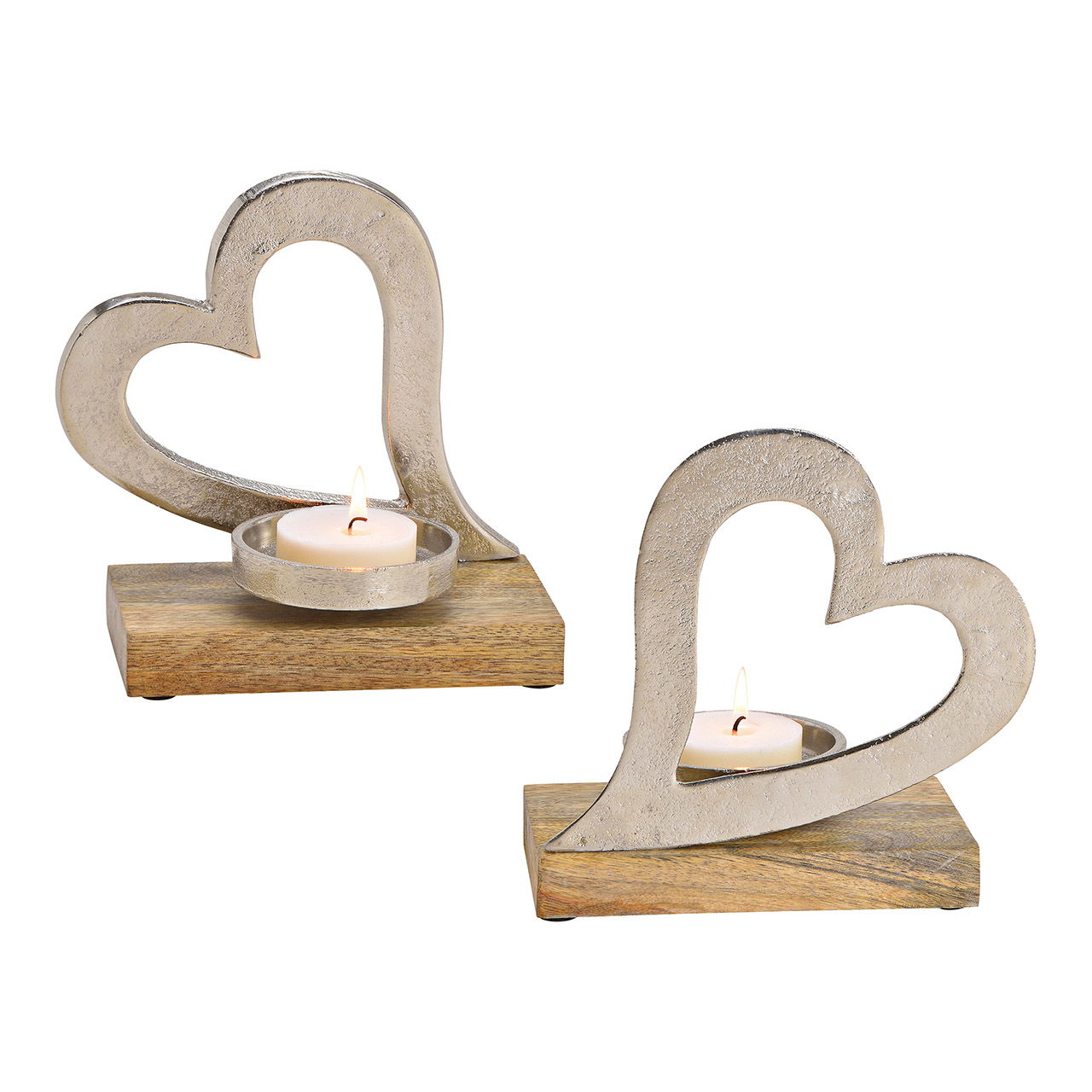 Teelichthalter Herz aus Metall auf Mangoholz Silber (B/H/T) 20x19x10cm Teelichthalter Herz aus Metall auf Mangoholz Silber (B/H/T) 20x19x10cm