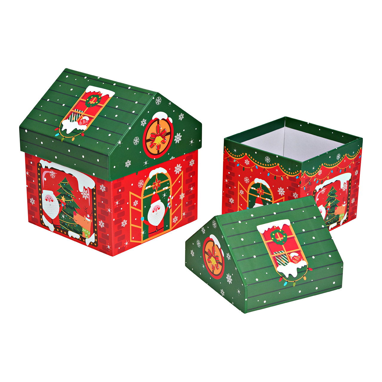 Gift box house made of paper/cardboard, set of 2, red/green (W/H/D) 15x18x15cm