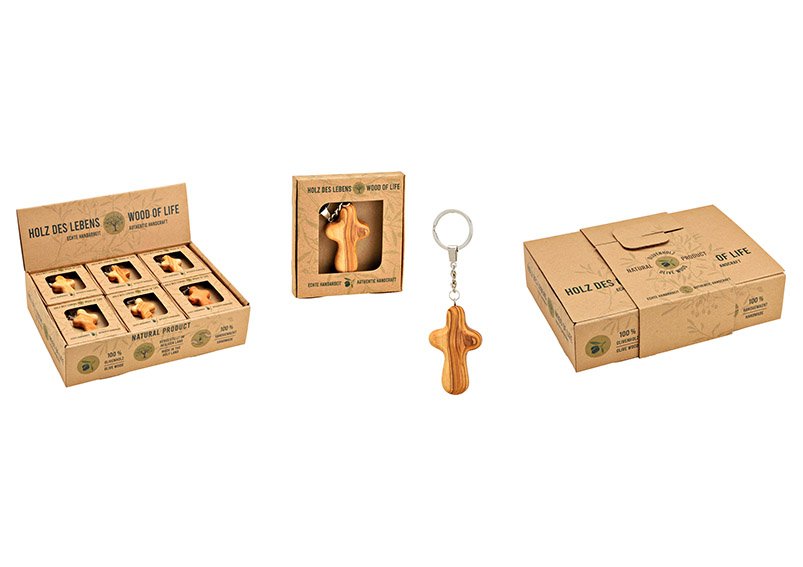Porte-clés Croix dans boîte cadeau, fait main en bois d'olivier, (L/H/P) 2,3x1,6x0,5 cm