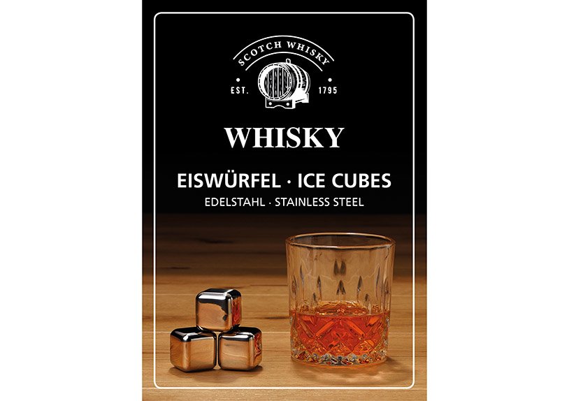 Whisky ijsblokjes set van roestvrij staal, 2,7cm, 4 blokjes, 1 glas 9x8x9cm, 300ml, incl. fluwelen zakje, in houten kist 19x10x14,7cm