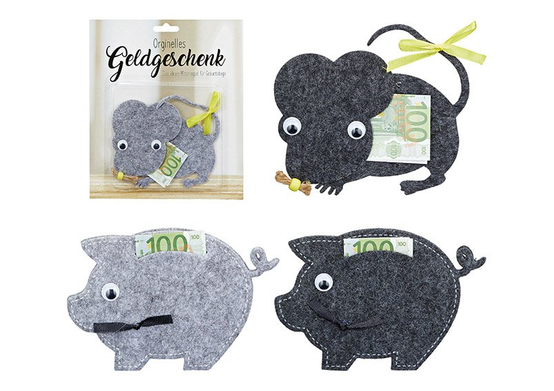 Money gift, pig, mouse, felt, grey, 4 asst. 14x9cm