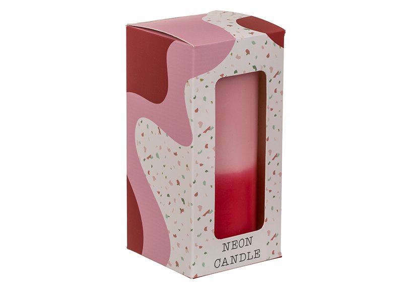 Pillar candle with gradient, pink/red in gift box (W/H/D) 6x12x6cm
