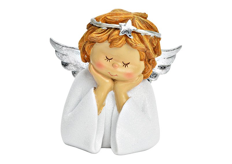 Angel head with glitter of poly white (W/H/D) 14x15x10cm