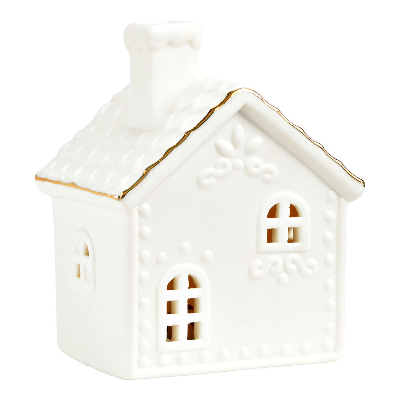 Maison avec LED en porcelaine, blanc (L/H/P) 10x12x8cm Fonctionnement sur piles 3xLR44 non incluses Essen, Süßigkeiten